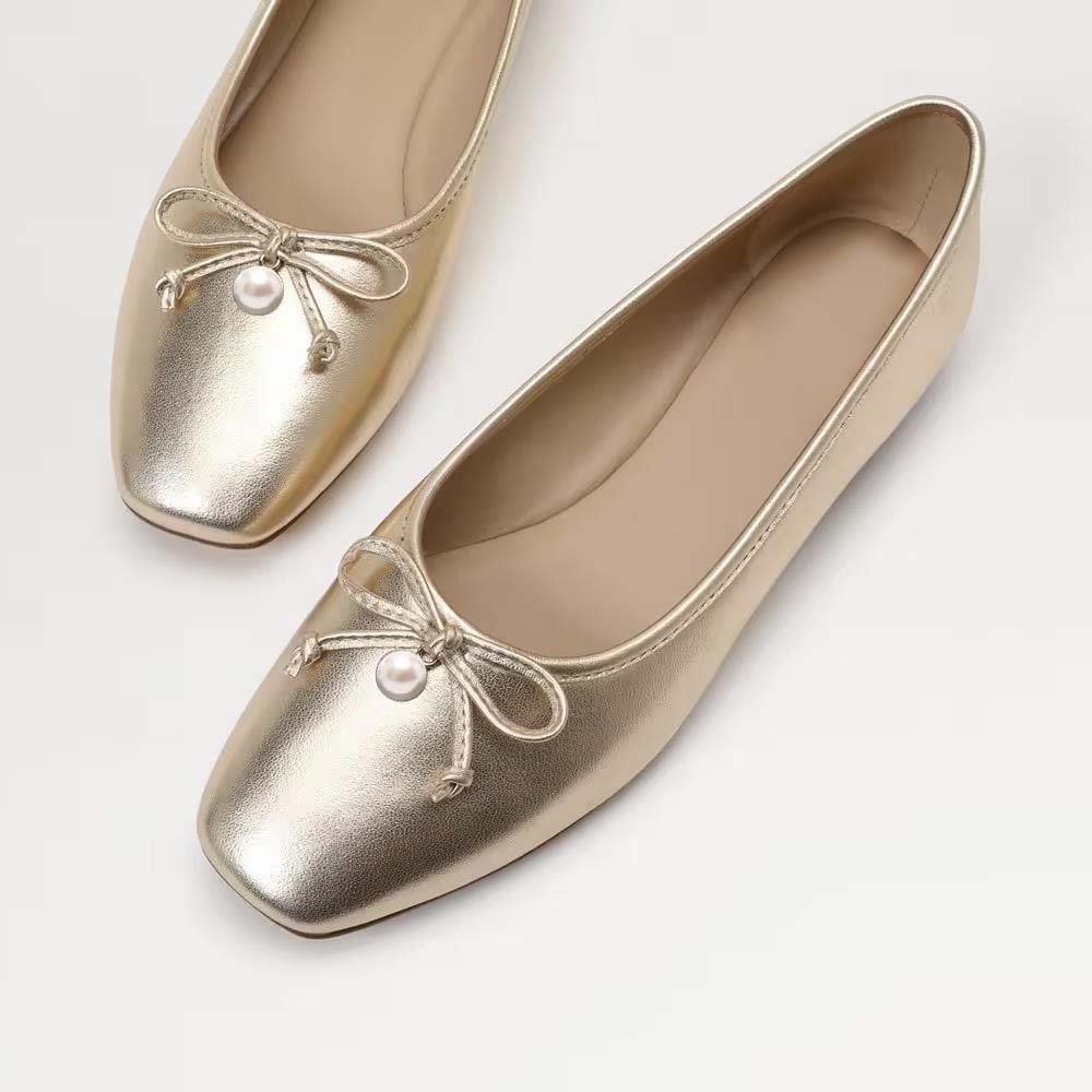 Gold Square Toe Ballet Flats With Bow Pearl Decor Nicepairs
