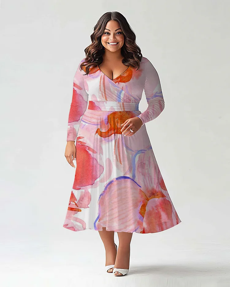 Plus Size Women's Color Printing  Long Sleeve V Neck Dress