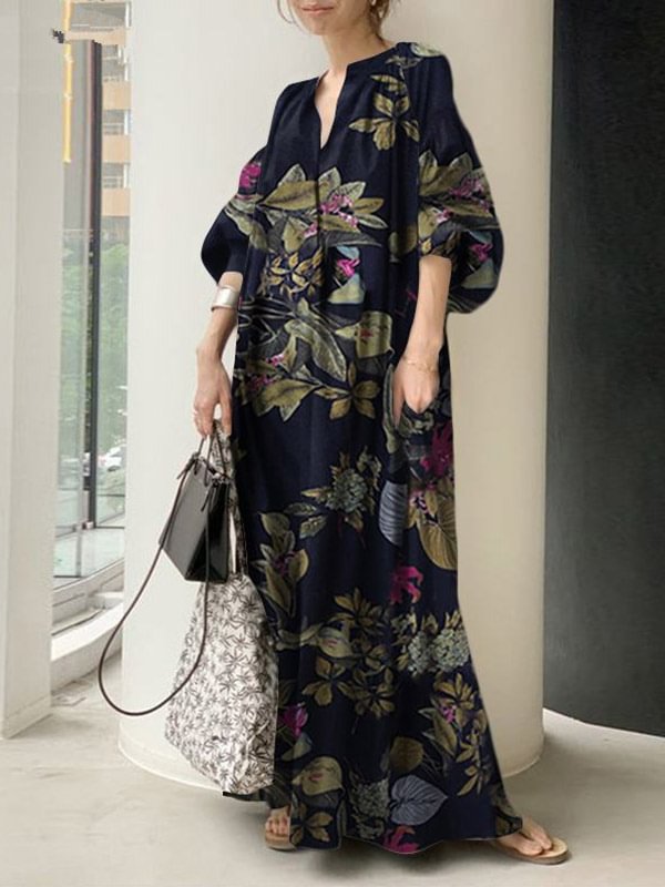 Vintage Bishop Sleeve V-Neck Floral Printed Maxi Dress