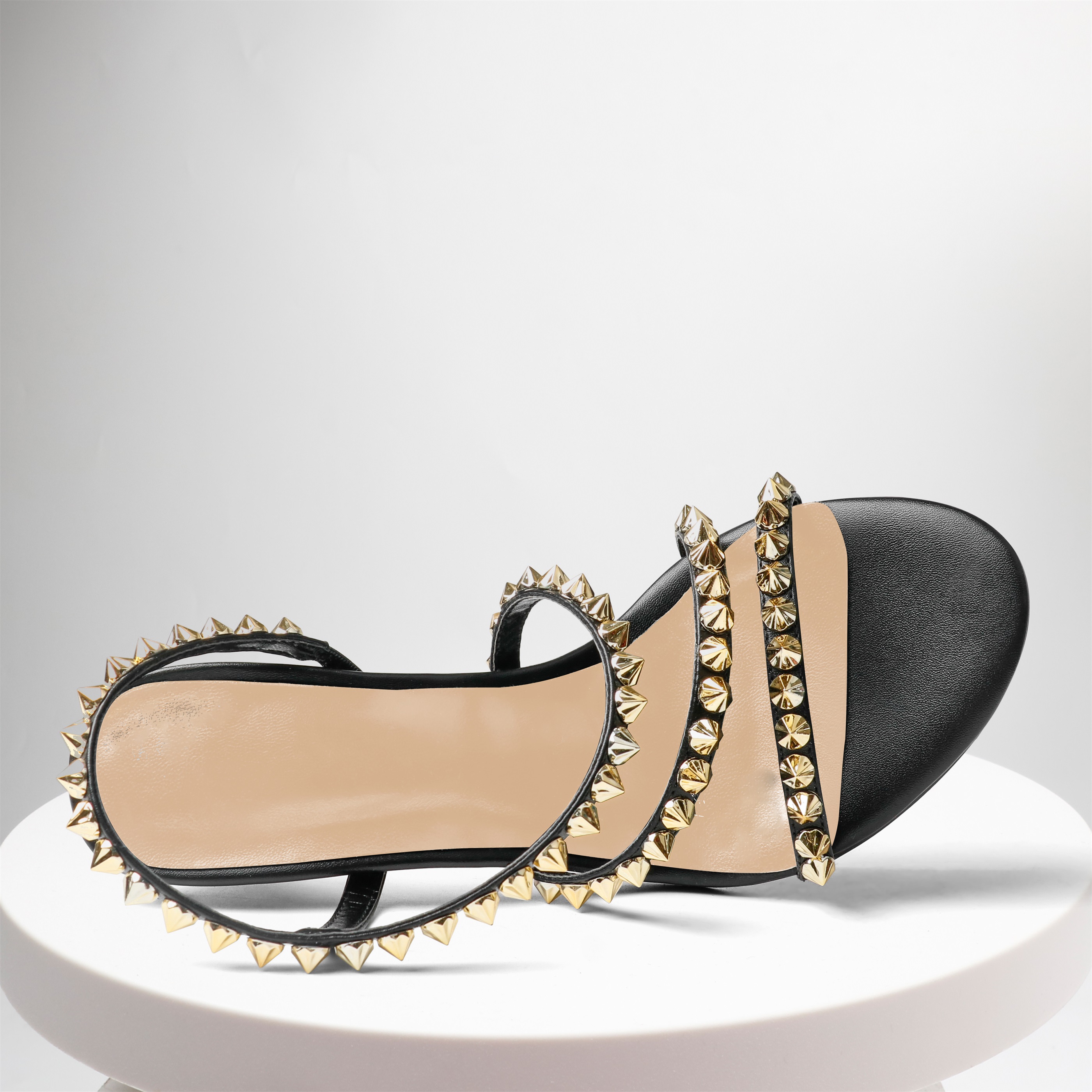10CM/4 inch Elastic Strap Gold Studded Stilettos Sandals