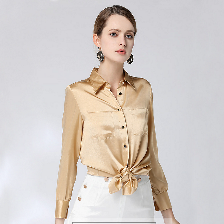 Gold Color Casual Silk Shirt-Chouchouhome
