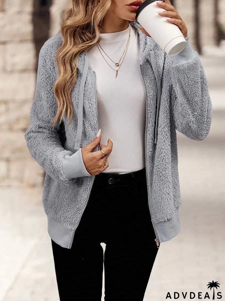 Casual Solid Color Fuzzy Drawstring Hoodie, Autumn & Winter