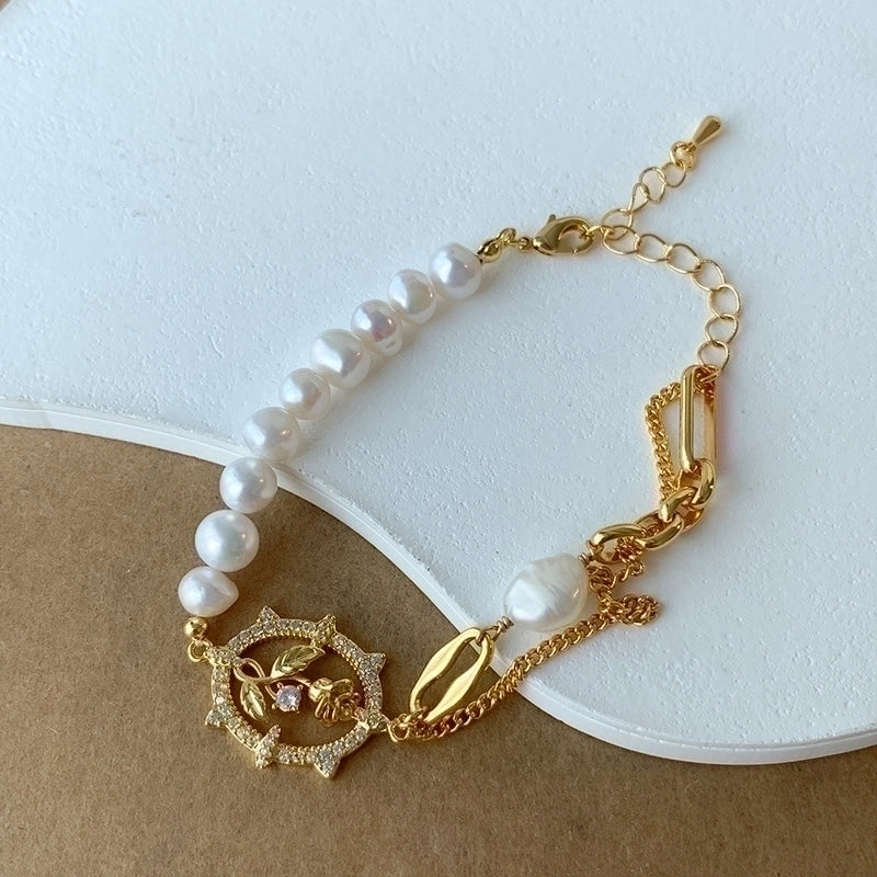 Copper 18K Gold Plated Beach Artistic Shiny Rose Pearl Hollow Out Inlay Zircon Bracelets Necklace