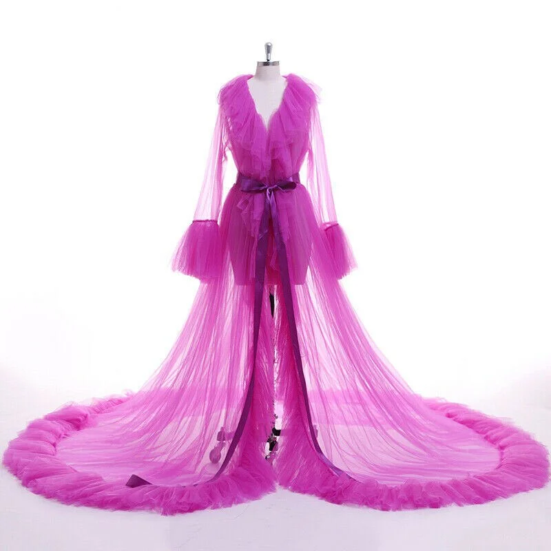 Sexy Women  Lace Sheer Mesh Tulle Perspective V neck layered Ruffles Maxi Floor Long Bath Robe Gown Sleepwear Dresses