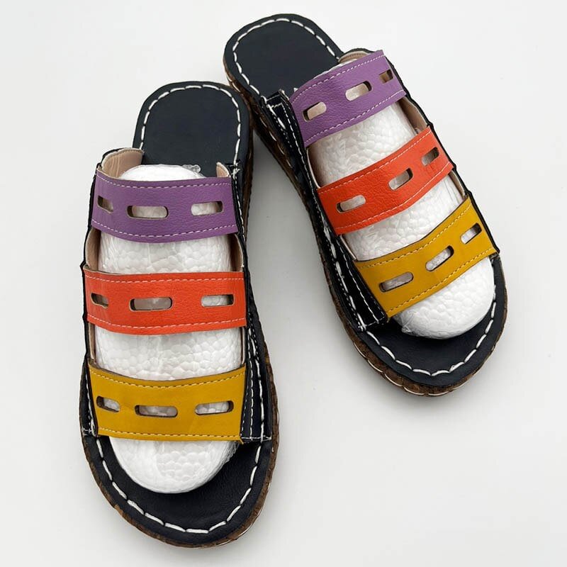 Qjong Women Wedge Slippers Summer Shoes Retro Multicolor Casual Sandals Orthopedic Open Toe Non-slip Ladies Sandales Size 34-43