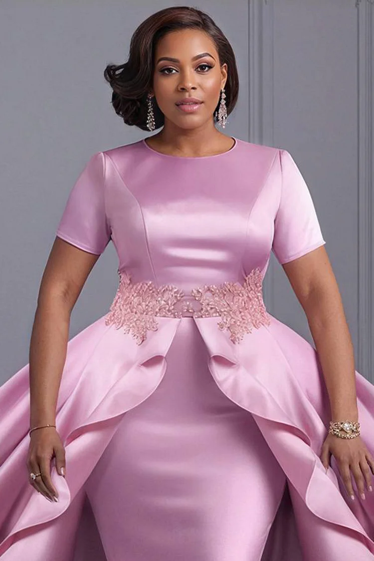 Xpluswear Design Plus Size Mother Of The Bride Pink Round Neck Short Sleeve With Skirt Overlay Elegant Bodycon Midi Dresses [Pre-Order]