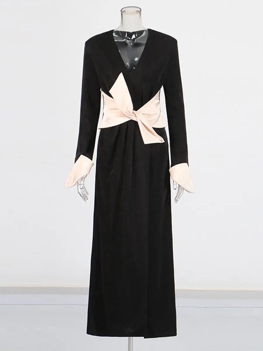Brownm Famous Wind Dress Women 2025 Spring New Temperament Elegant Fashion Collage Collage Bow V-Neck Dress