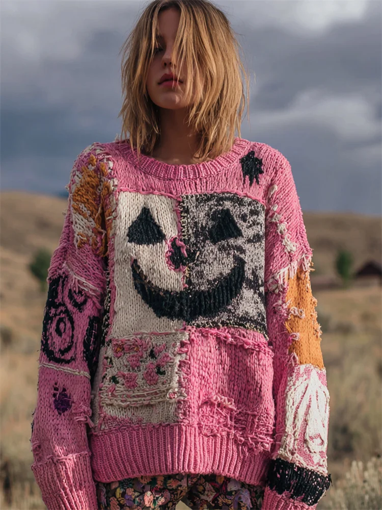 Halloween Pumpkin Face Patchwork Stitched Cozy Knit Sweater