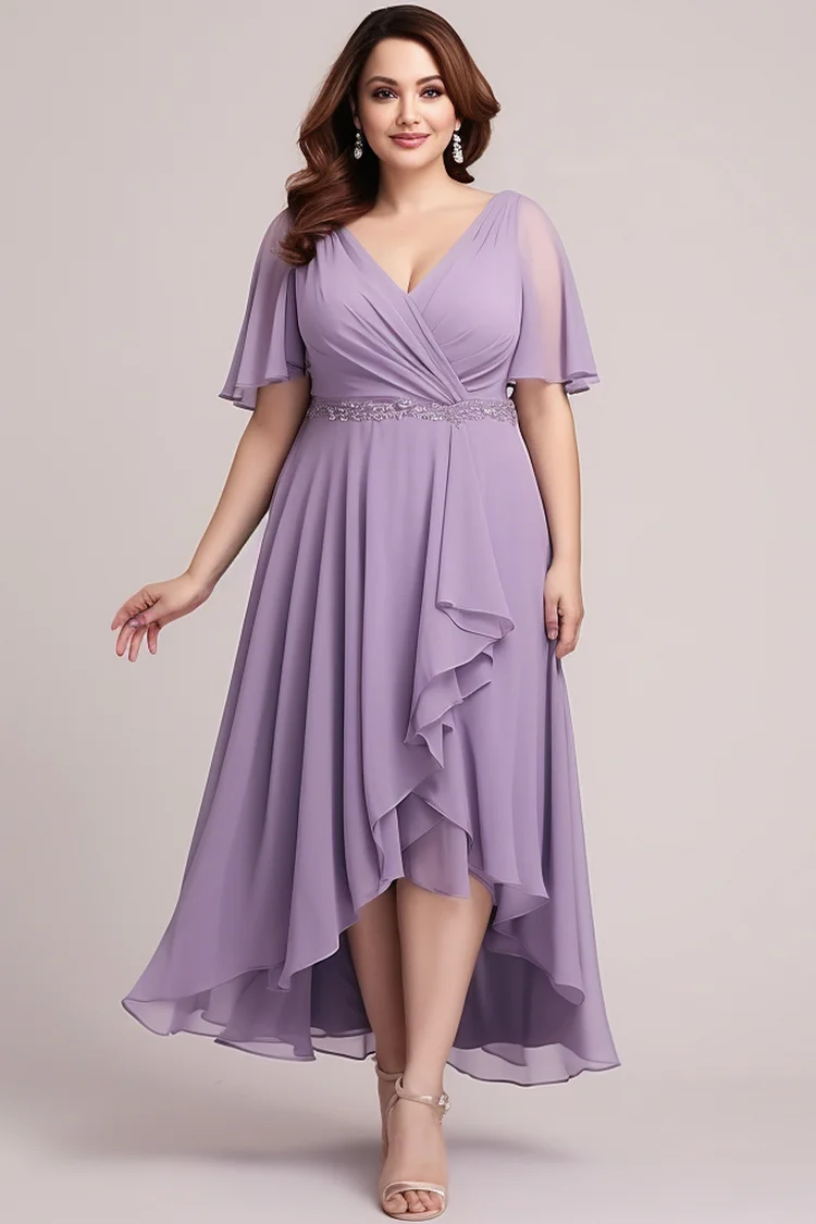 Flycurvy Plus Size Mother Of The Bride Light Purple Wrap Neck Irregular Overlay Tea-length Dress  Flycurvy [product_label]