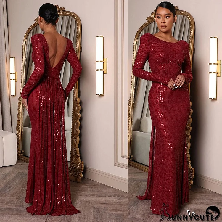 Women Sexy Backless Long Sleeve Slim Slit Formal Party Evening Dress