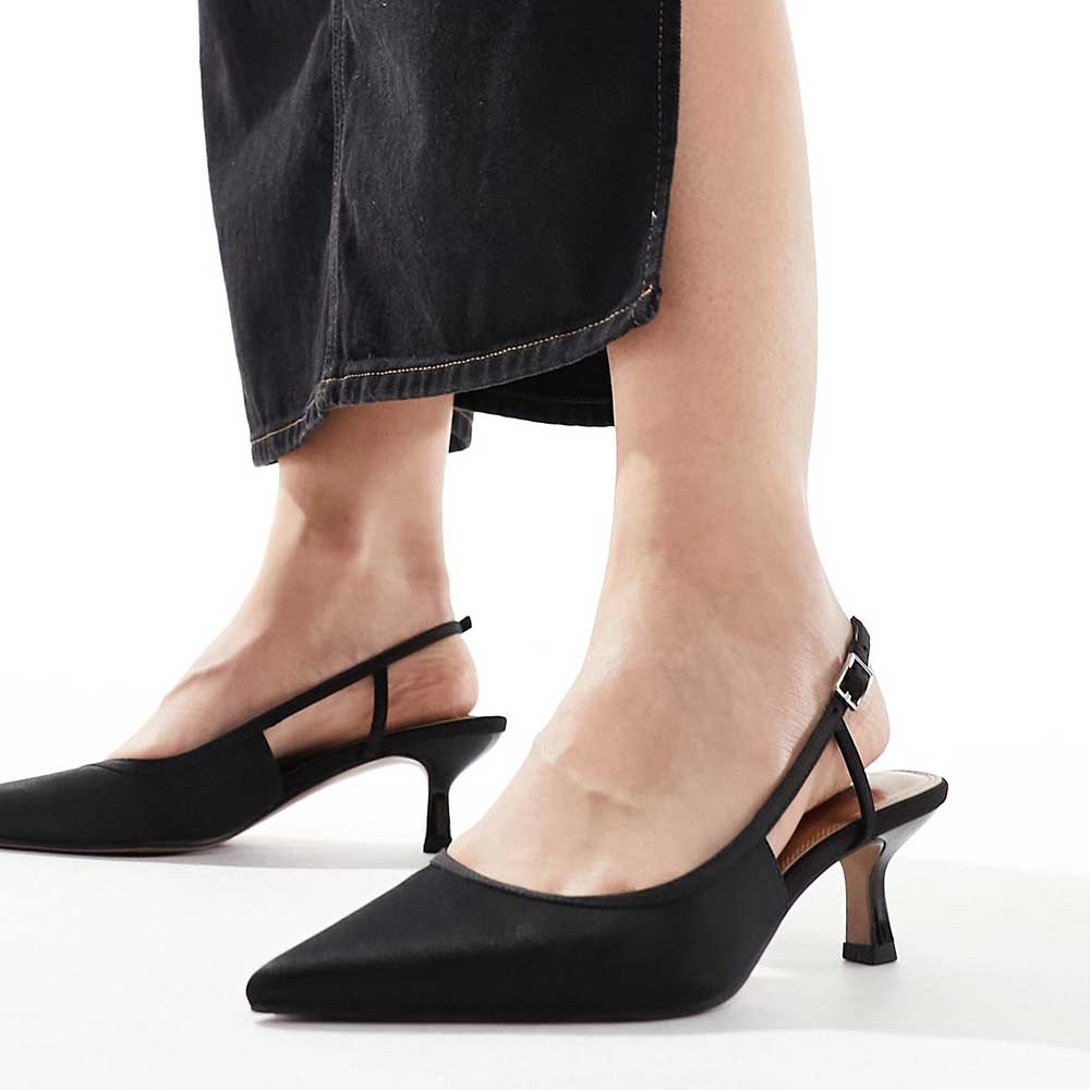 Black Fabric Pointed Toe Kitten Heel Sophisticated Slingback Pumps Nicepairs