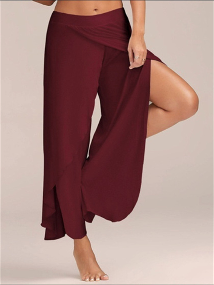 Women's Culottes Wide Leg Chinos Pants Trousers Wine Army Green Dark Gray Mid Waist Basic Casual / Sporty Casual Daily Yoga Ruffle Layered Stretchy Letter S M L XL XXL / Loose Fit / Split / Split