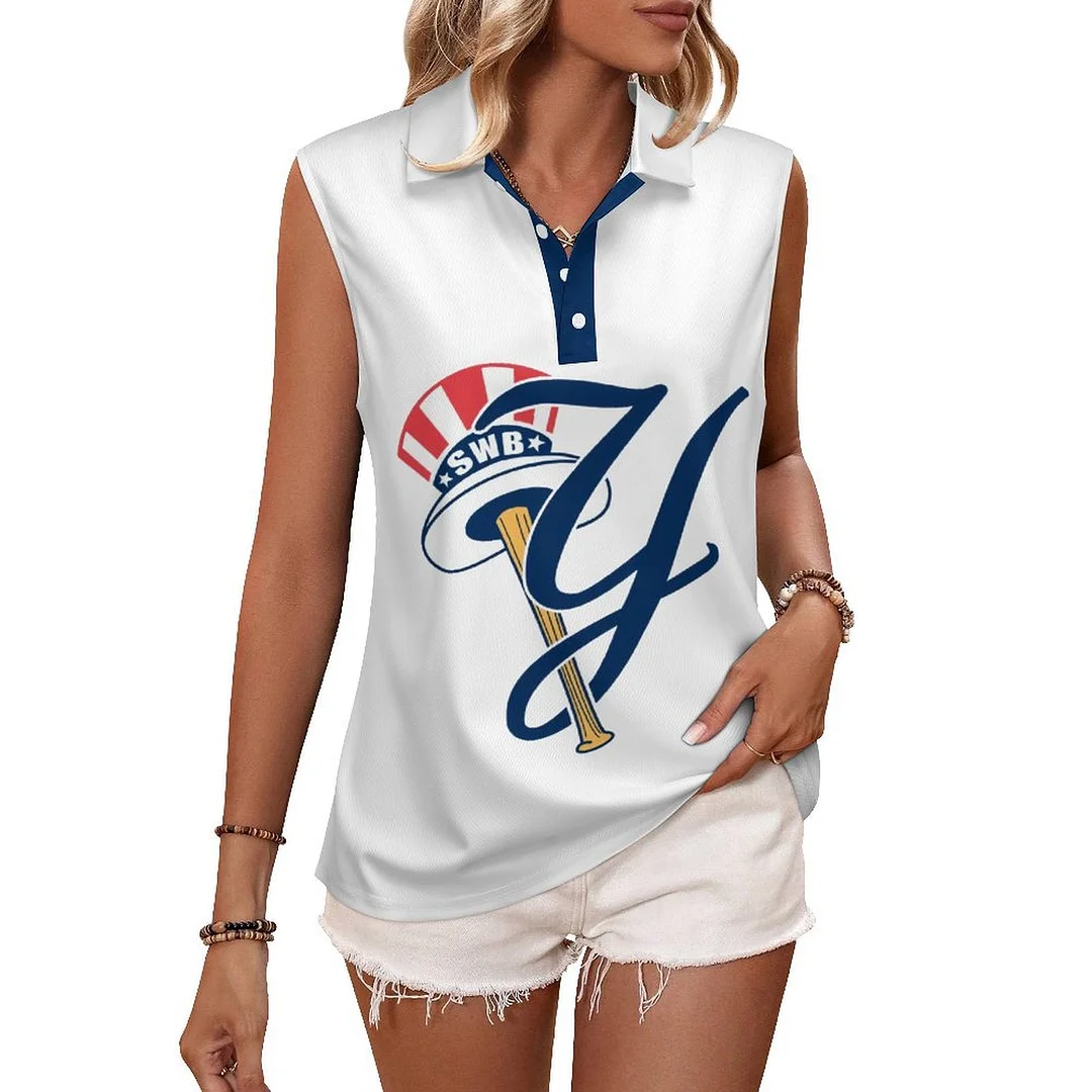 V-neck Sleeveless Casual POLO Shirt Tank Top for Women Printed with Pattern ,Blue