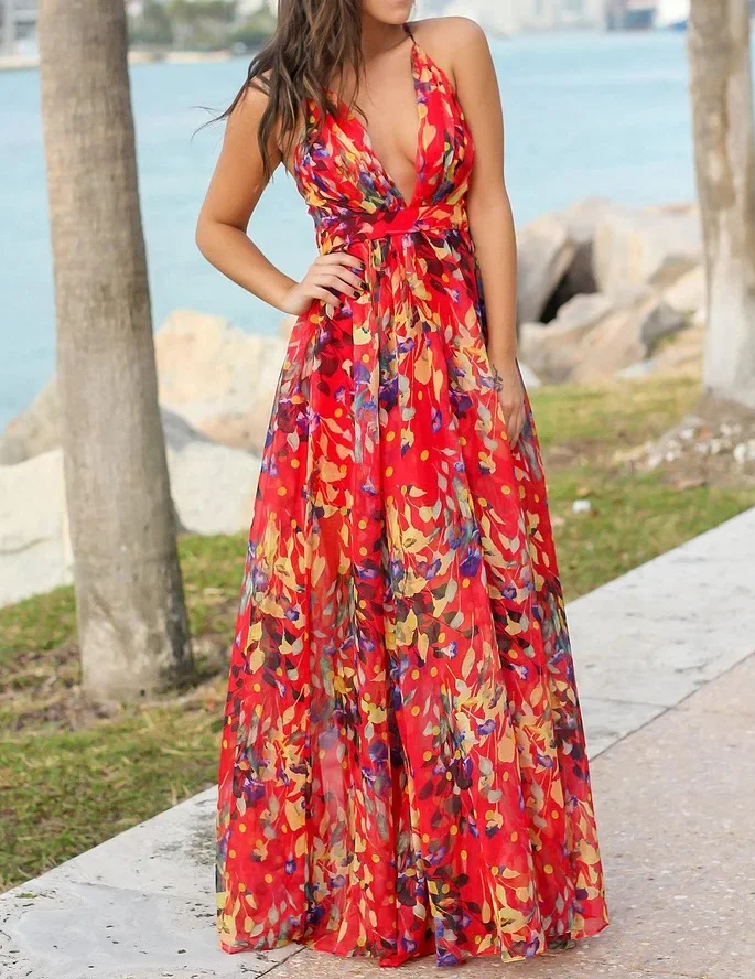 Red Printed Maxi Dress with Criss Cross Back
