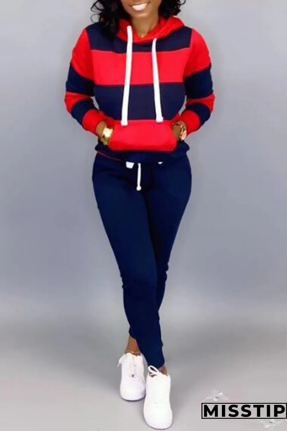 Black White Casual Striped Patchwork Hooded Collar Long Sleeve Two Pieces