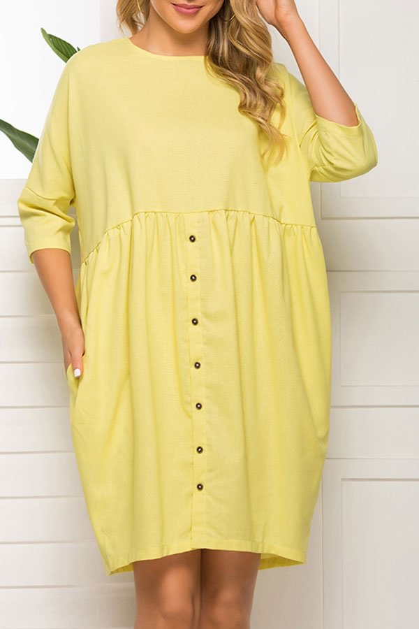 Yellow Scoop Buttoned Loose Dress - BlackFridayBuys