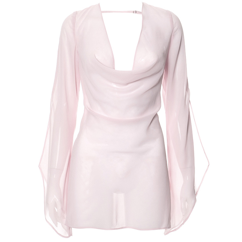 JULISSA MO Sexy Backless See Through Mesh Women Dress Pink Long Sleeve Deep V-neck Dress Female Summer Loose Elegant Beachwear