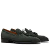 Men's Green Tassel Suede Loafers - Leather Sole
