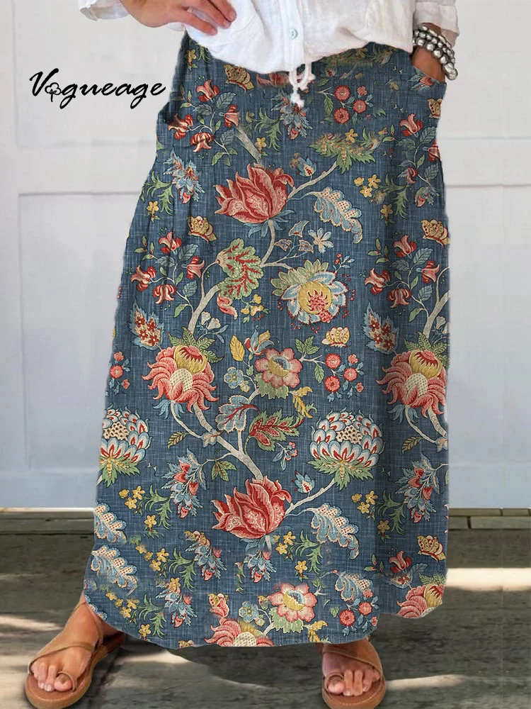 Colorful Elegant Gentle Vine Flowers Printed Women's Casual Cotton And Linen Skirt