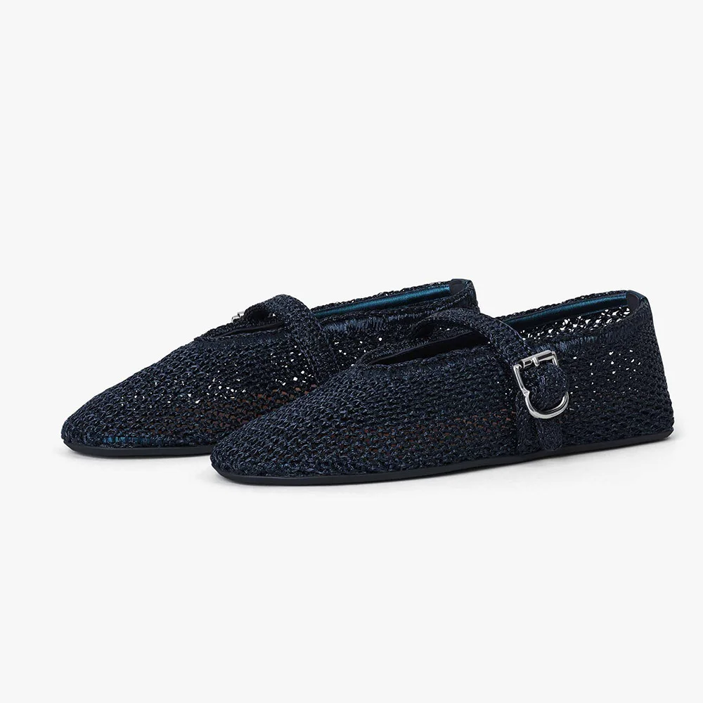 Dark Blue Mesh Round Toe Buckle Strap Flat Shoes for Women