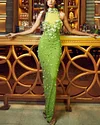 Green Stretchable Net 3d Flowers Embellished Gown