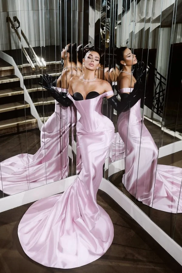 Miabel Charming Black Blushing Pink Satin Off the Shoulder Prom Dress with Gloves   