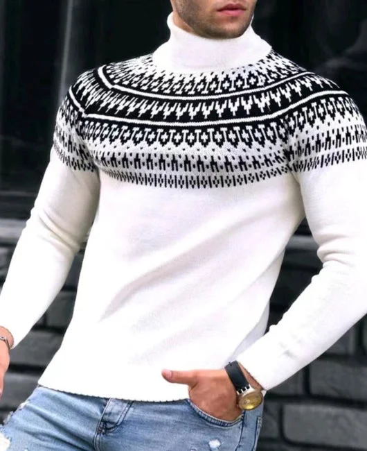 Retro Turtleneck Geo Pattern Knitted Sweater