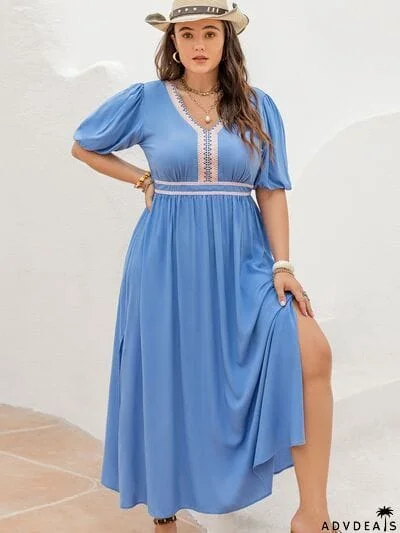 Plus Size Slit V-Neck Short Sleeve Dress