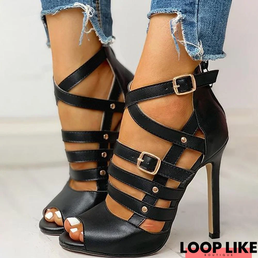 Solid Hollow Out Ankle Strap Thin Heeled Sandals