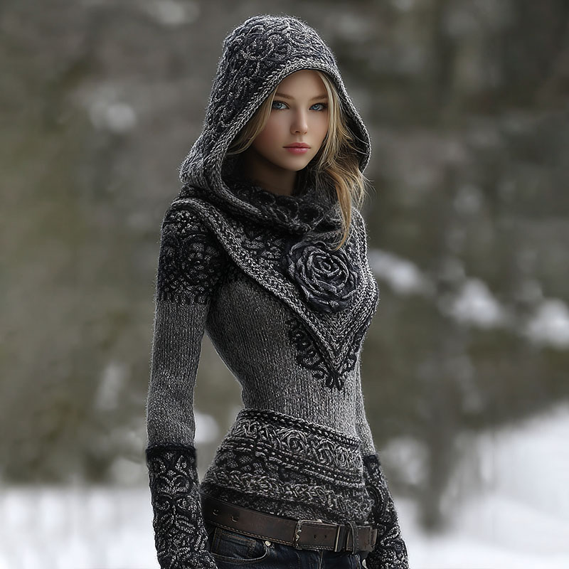 Women's Viking Celtic Knot Art Winter Warmth Knit Hooded Sweater elevenforest