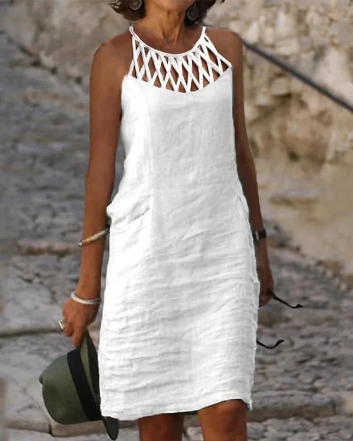 Ladies Sleeveless Cotton Linen Stitching Halter Neck Dress