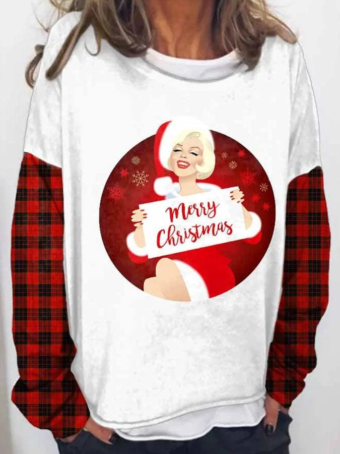 Marilyn Plaid Merry Christmas Long Sleeve Print Sweatshirt