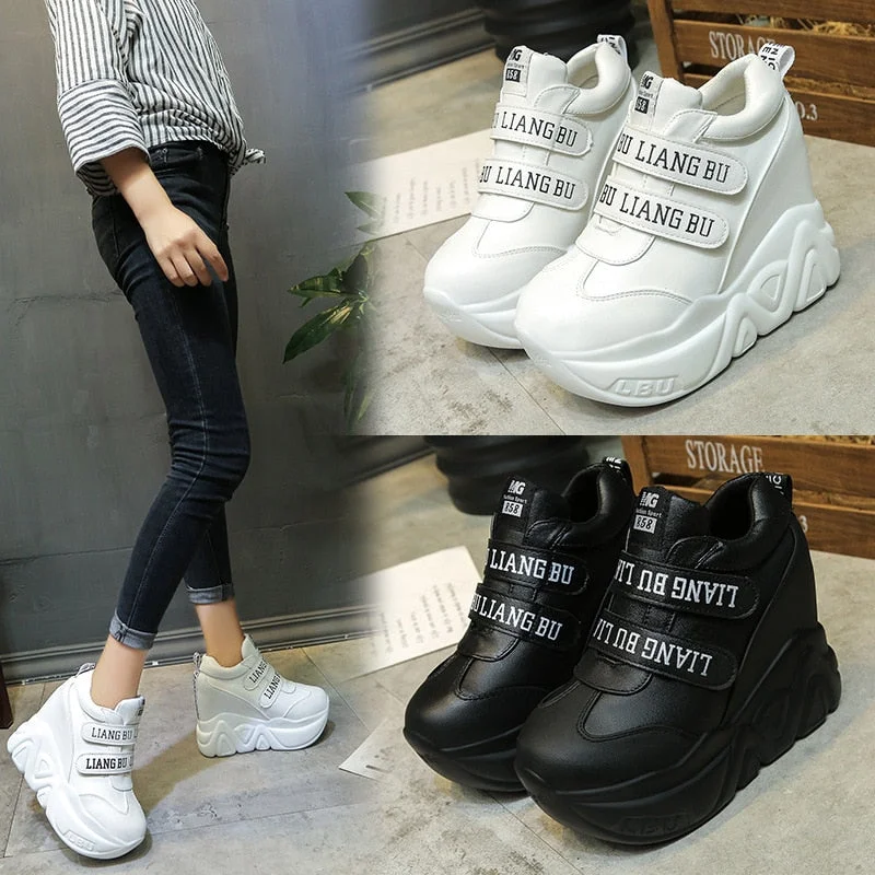 12 Cm Super Hign Wedge Sneakers Woman Auutmn 2018 Leahter Female Casual Shoes Hook Loop Comfortable Platform Sneakers