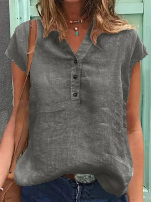Women's Short Sleeve V-Neck Solid Buttons Top