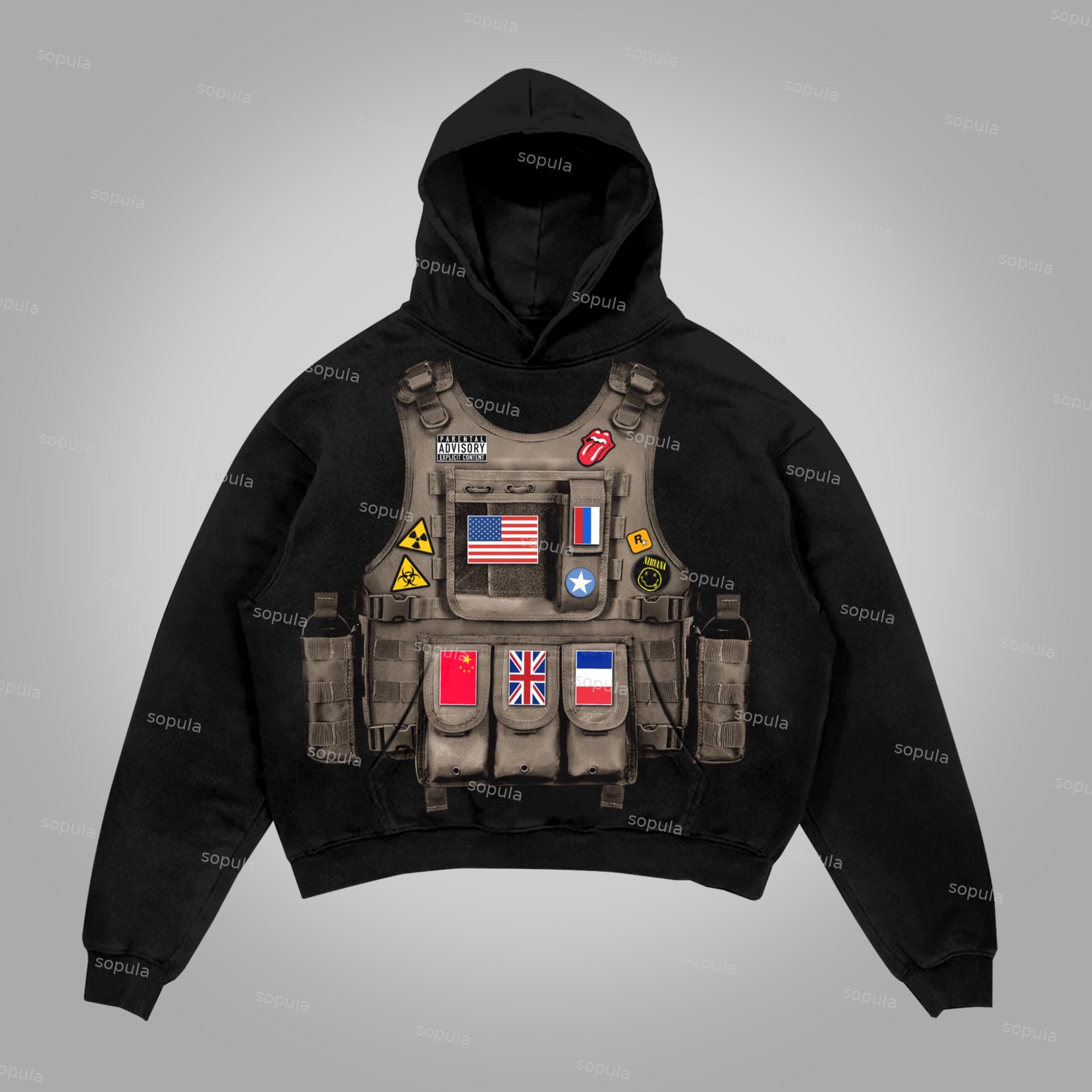 Sopula Logo Badge National Flag Bulletproof Tactical Vest Graphic Cotton Pocket Hoodie