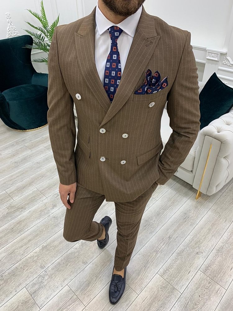 Furino Brown Slim Fit Double Breasted Pinstripe Suit