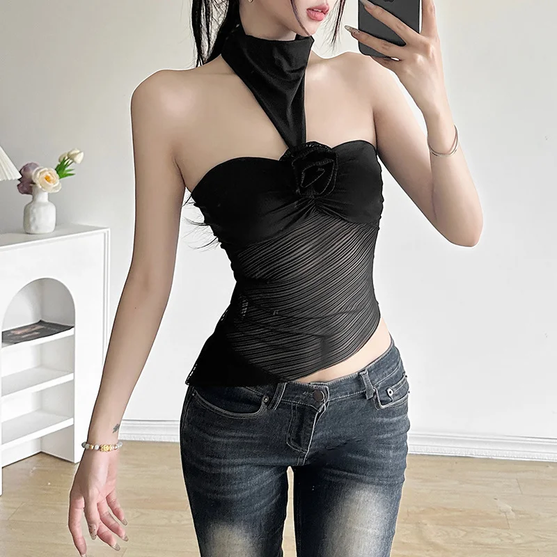 Churchf 2024 Summer New Women's Wear Hanging Neck Bare Back Repair Body Mesh Perspective Irregular Small Vest