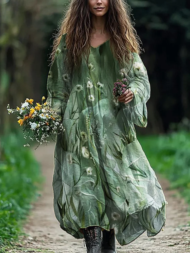 Utbros Classy Elf Floral Linen Blend Flowy Maxi Dress
