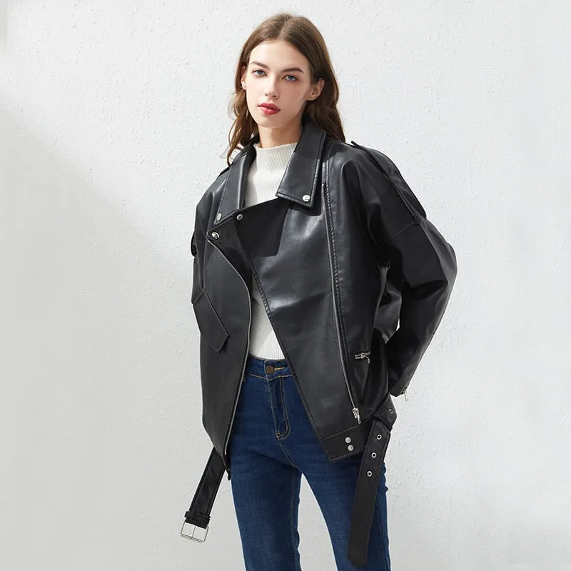 Fitaylor PU Faux Leather Jacket Women Loose Sashes Casual Biker Jackets Outwear Female Tops BF Style Black Leather Jacket Coat