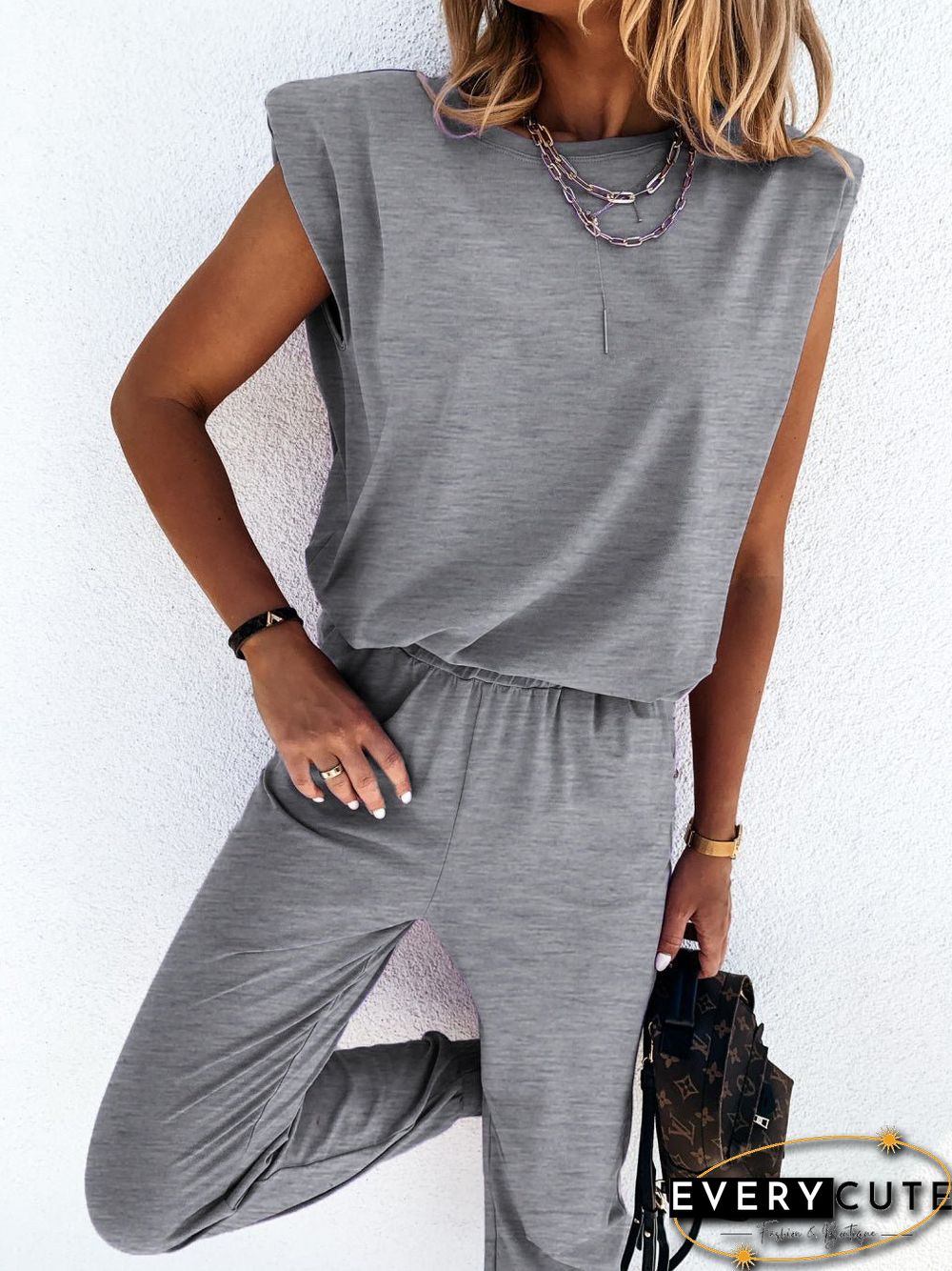 Women'S Sets Solid Sleeveless Padded Tank Top & Pants Two Piece Set