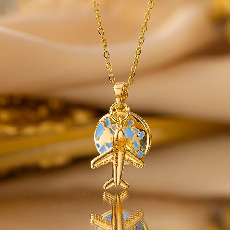 Vintage Style Classic Style Earth Travel Airplane 304 Stainless Steel Copper 18K Gold Plated Pendant Necklace