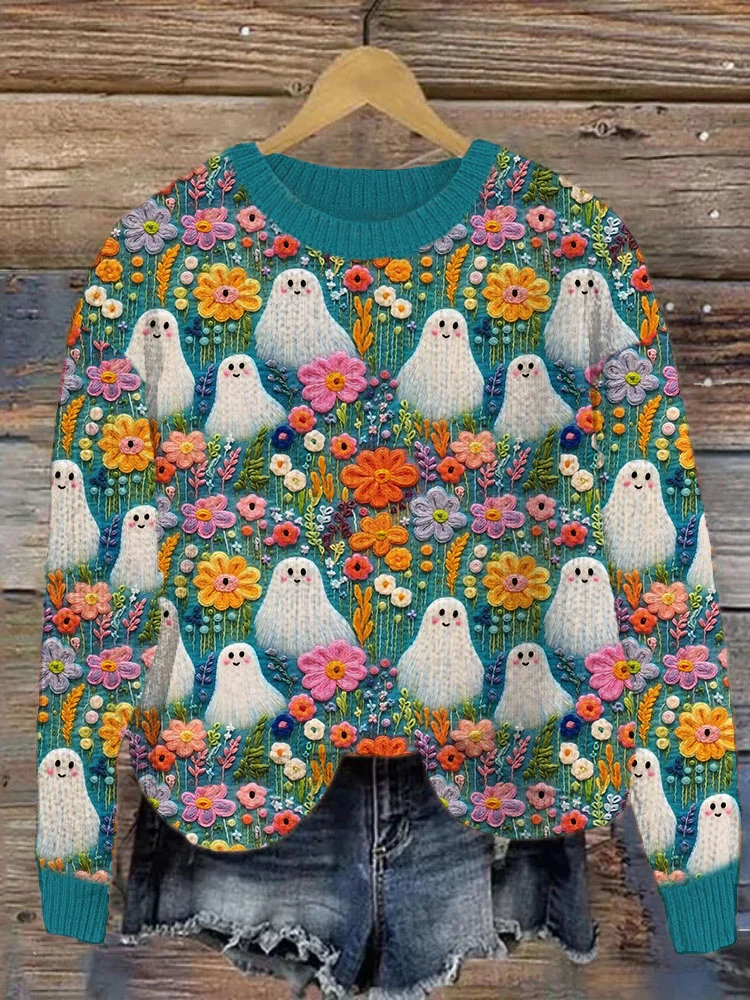 Comstylish Ghost & Floral Embroidery Pattern Vintage Knit Sweater