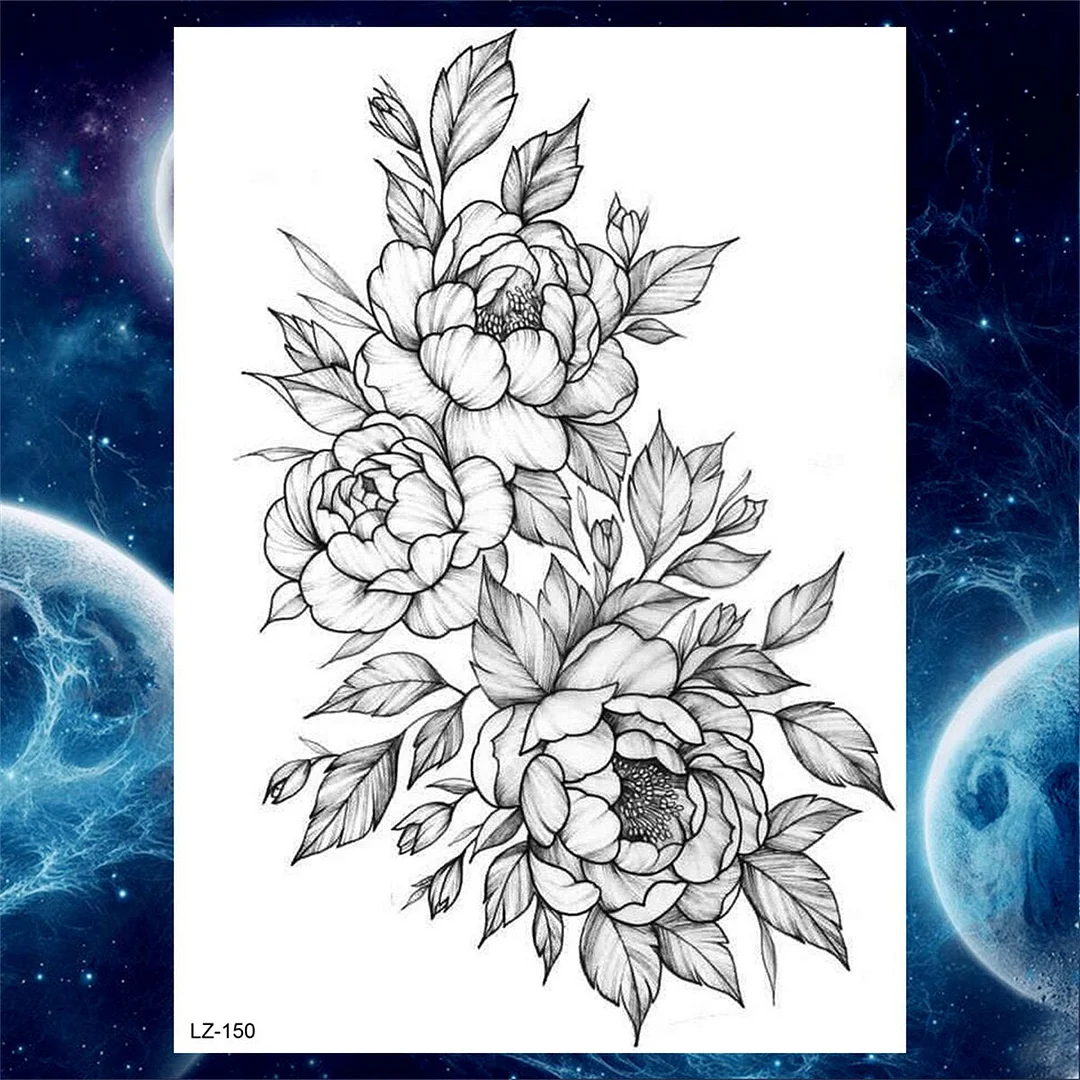 Moon Peony Flower Temporary Tattoos For Women Adults Girls Rose Tattoo Sticker Fake Crescent Black Water Transfer Tatoos Thigh