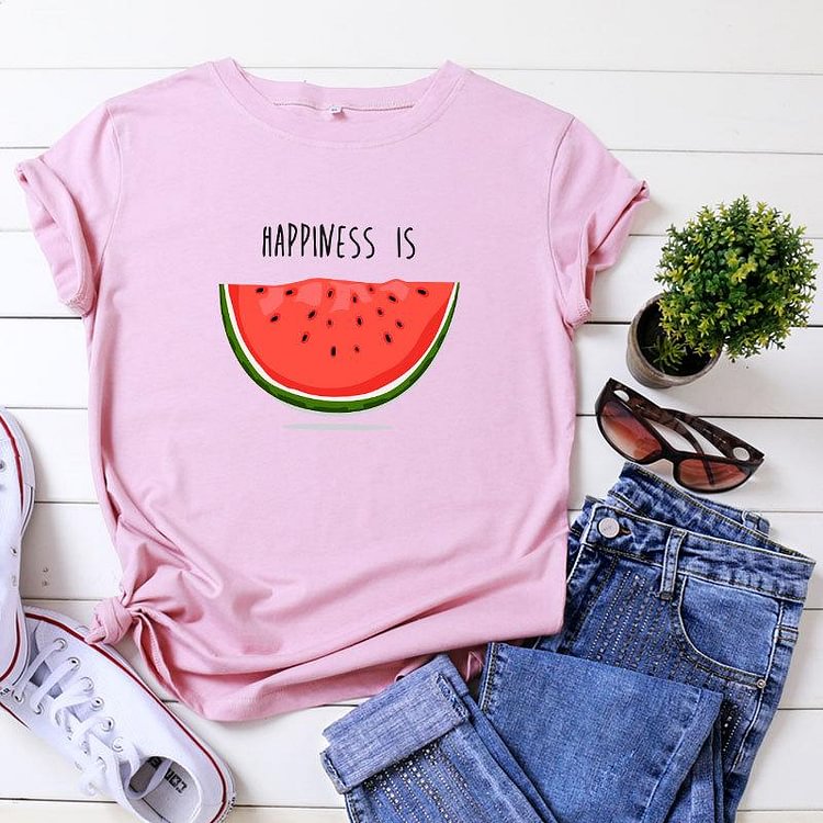 HAPPINESS IS Watermelon Letter Print Cotton T-Shirt - Modakawa Modakawa