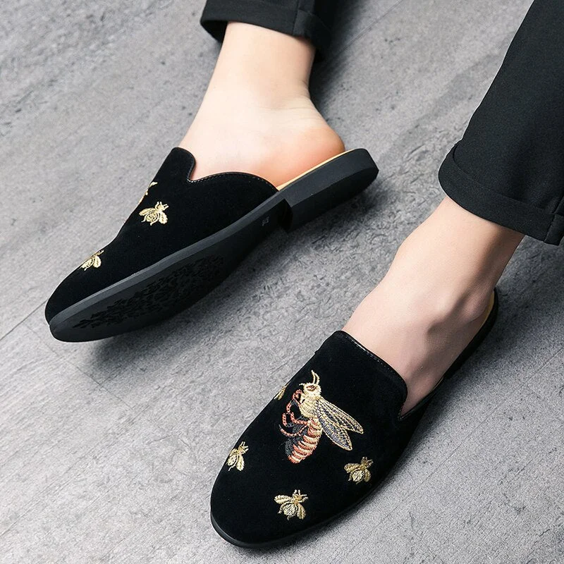Embroidery Suede Leather Mules Men Shoes Casual Summer Slip-On Loafers Slippers On Backless Half Shoe For Men Mule Masculino