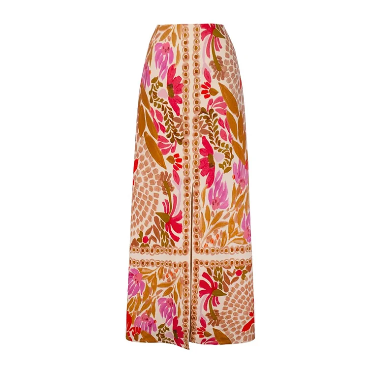 V Neck Ruffle Retro Printed One Piece Swimsuit and Skirt