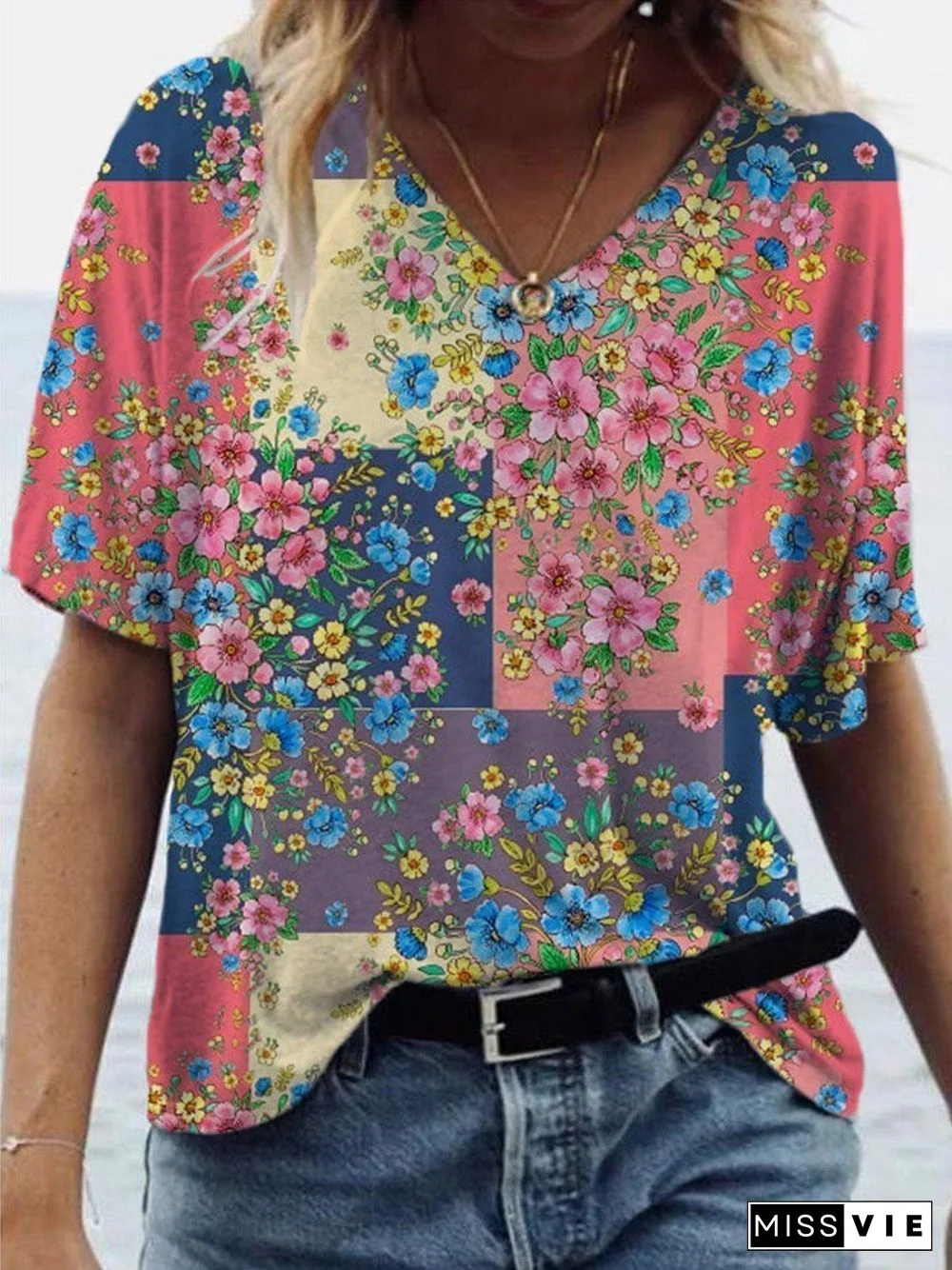 Cotton-Blend Floral Short Sleeve Vintage T-Shirts