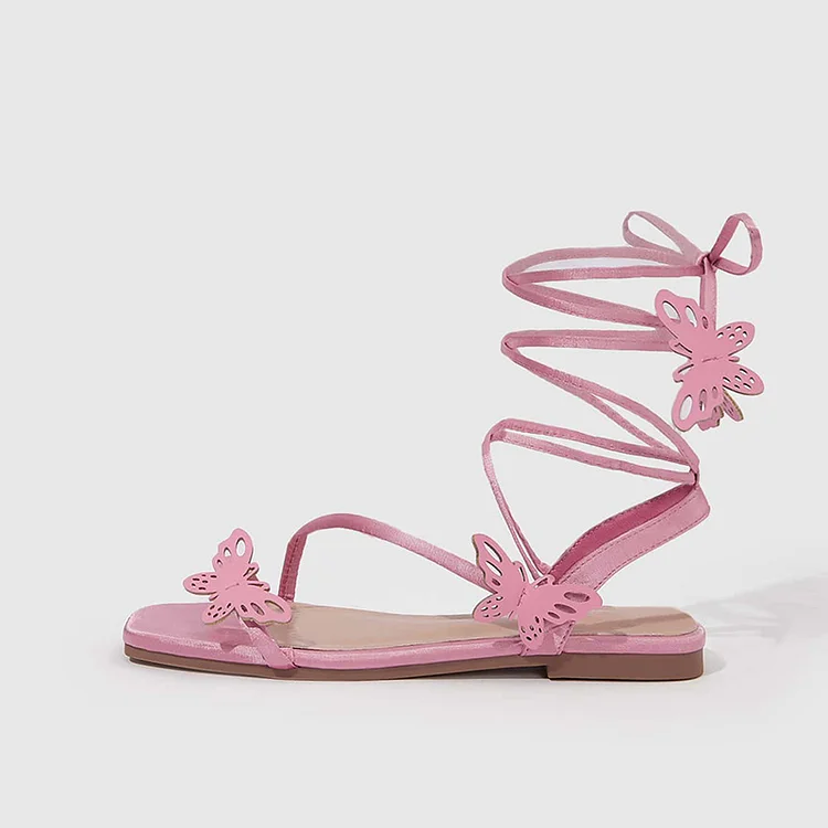 Elegant Pink Square Toe Sandal Women'S Summer Wrapped Flats Butterfly Shoes |FSJ Shoes