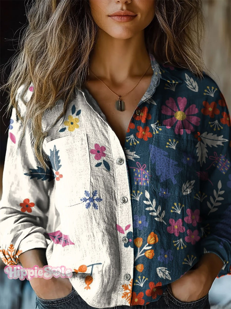 Women’s Colorblock Floral Art Print Casual Long Sleeve Comfortable Cotton Shirt Multicolor / S