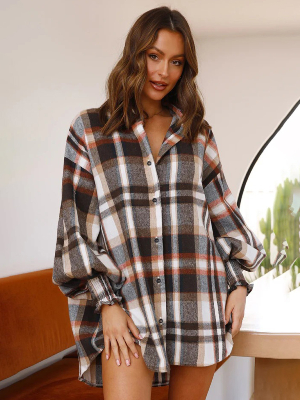 Mature Women Fashion Top New Comfortable Plaid lantern Sleeve Long Sleeve Shirt